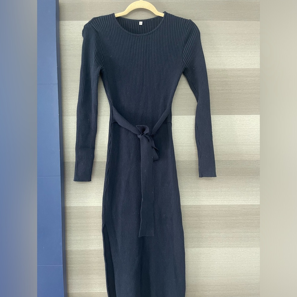 Ribbed Blue Knit Midi Dress, Tie Waist, Size Medium